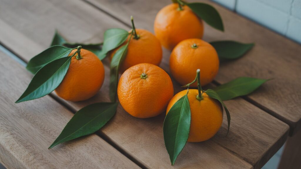 “Bright oranges with green leaves on a rustic table — winter vibe.”