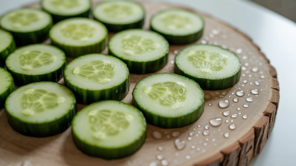 “Aesthetic cucumber slices on a wooden board with water droplets.”