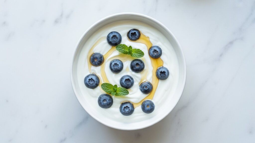 Greek yogurt bowl topped with fresh blueberries and honey.