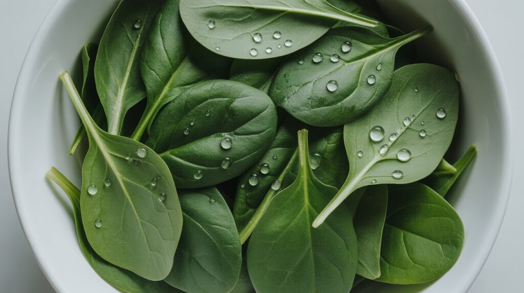 Fresh spinach leaves with water droplets in a bowl — a nutritious green option for winter hydrating foods USA.
