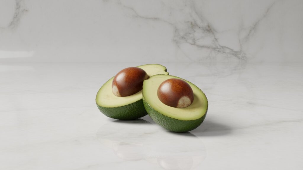 Avocado halves on marble background for winter skin care USA