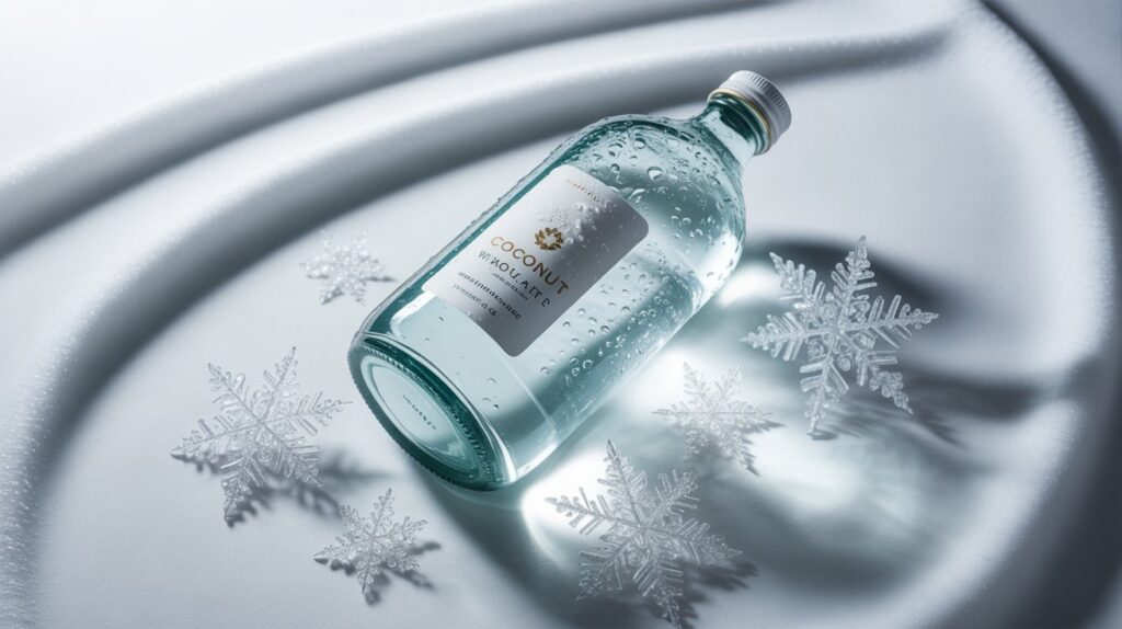 Chilled coconut water bottle with snowflakes in a winter theme for hydration support.
