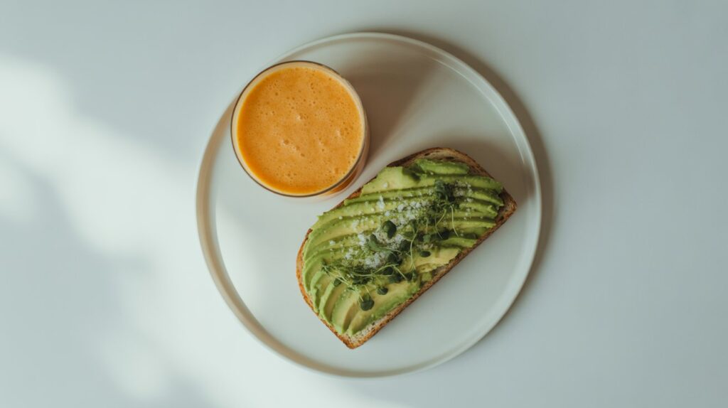 Avocado toast served with a bright orange smoothie on a white plate — a vibrant combo for winter hydrating foods USA.
