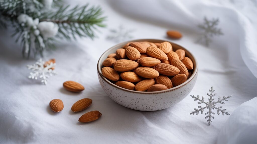 A ceramic bowl of almonds on a winter-themed background — a nutrient-rich snack for winter hydrating foods USA.