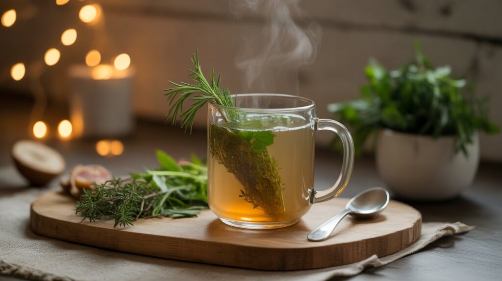 A steaming mug of bone broth with herbs — a warm, nourishing drink for winter hydrating foods USA.