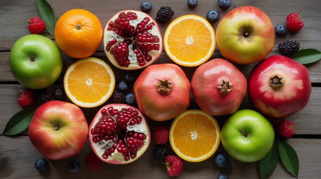 A flat-lay of colorful winter fruits on a wooden table — a vibrant pick for winter hydrating foods USA.
