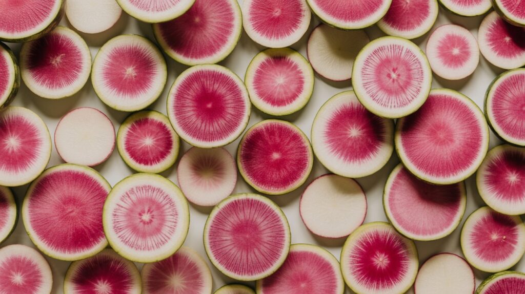 Watermelon radish slices arranged like flowers