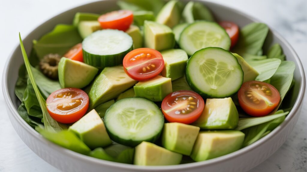 A fresh salad with cucumber, tomatoes, and avocado — a healthy choice for winter hydrating foods USA.