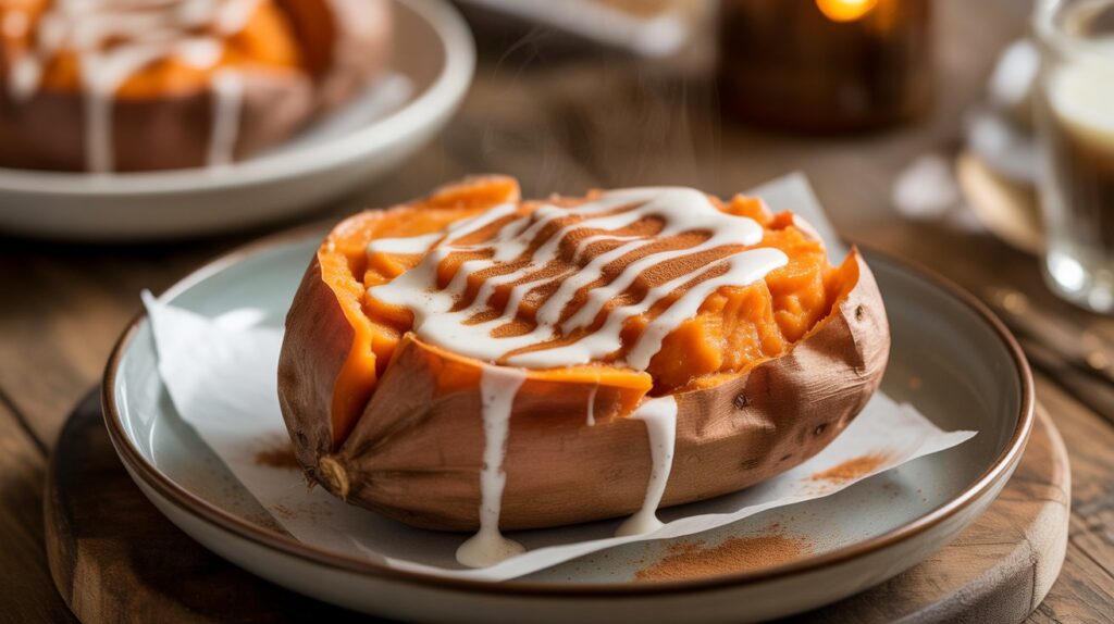 A baked sweet potato with cinnamon drizzle — a warm, hydrating choice for winter hydrating foods USA.