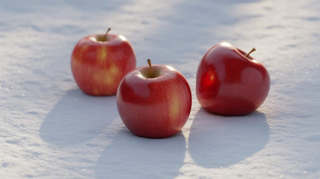 Red apples on a snowy background — a fresh winter fruit for winter hydrating foods USA.