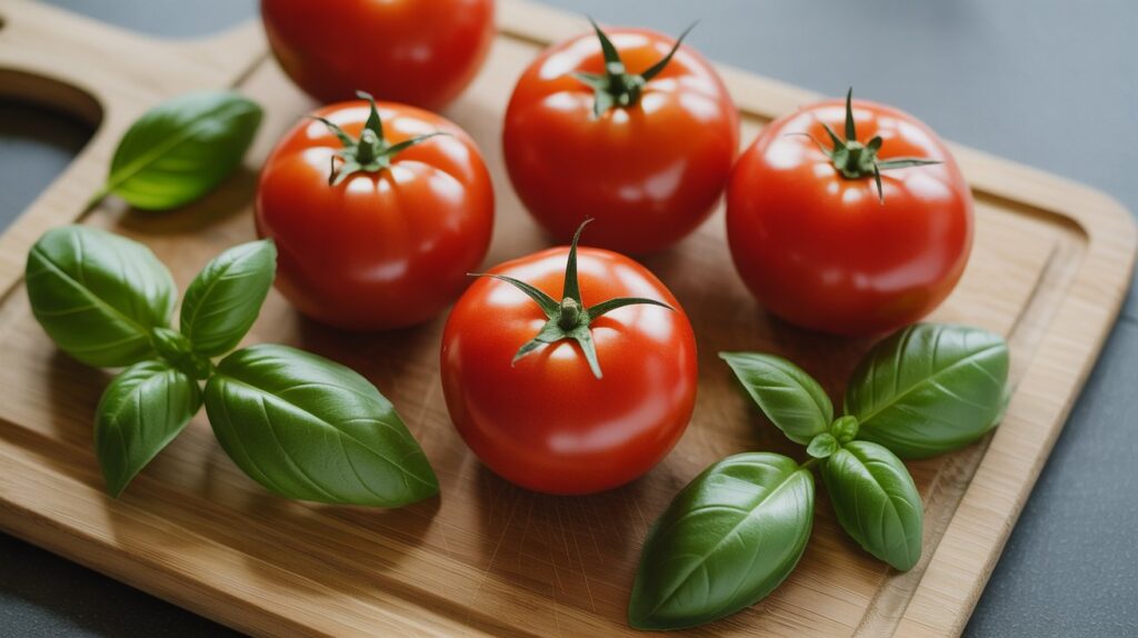 Fresh red tomatoes with basil on a wooden cutting board — a nutrient-rich option for winter hydrating foods USA.