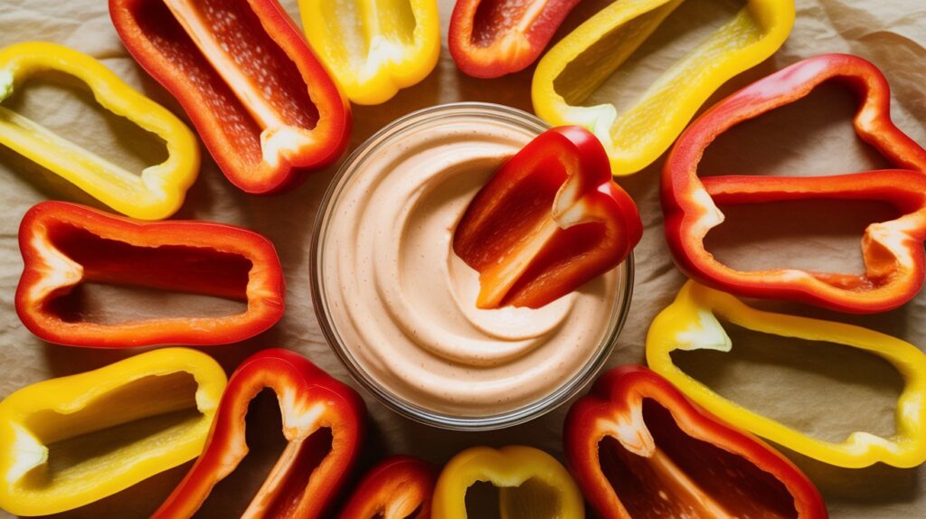 Sliced red and yellow peppers served with dip — a fresh snack for winter hydrating foods USA.