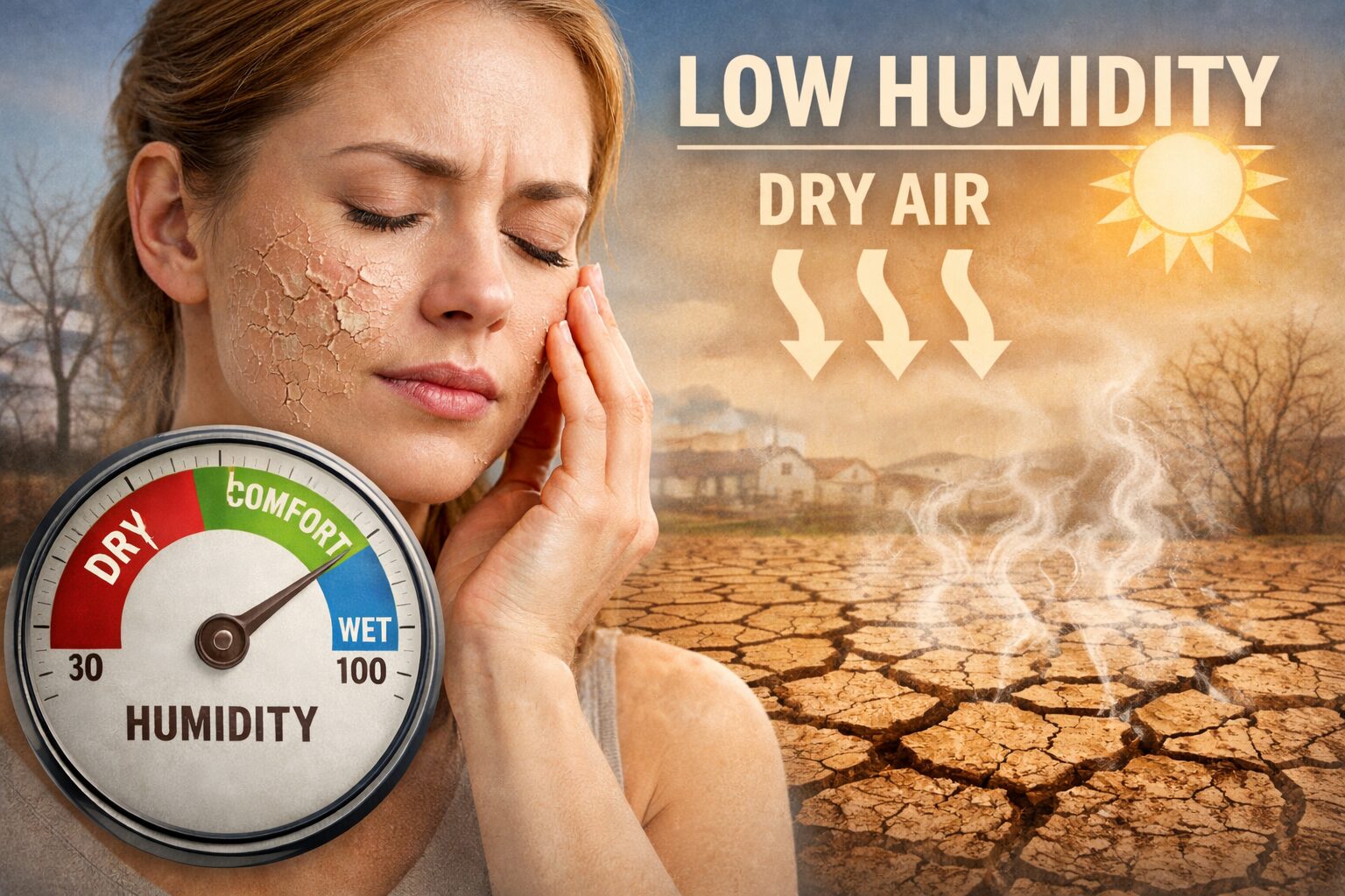 “Woman with dry cracked skin touching her face in winter, showing effects of low humidity on skin”