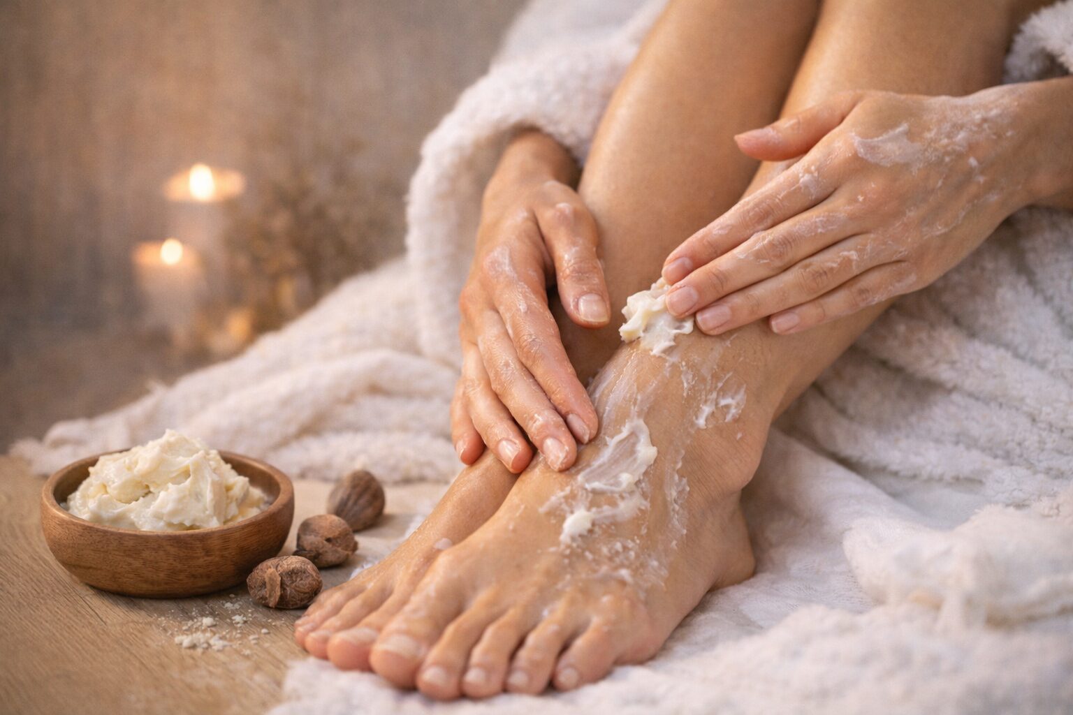 Winter Skin Care Tips – Shea butter applied on hands and feet for deep winter moisture