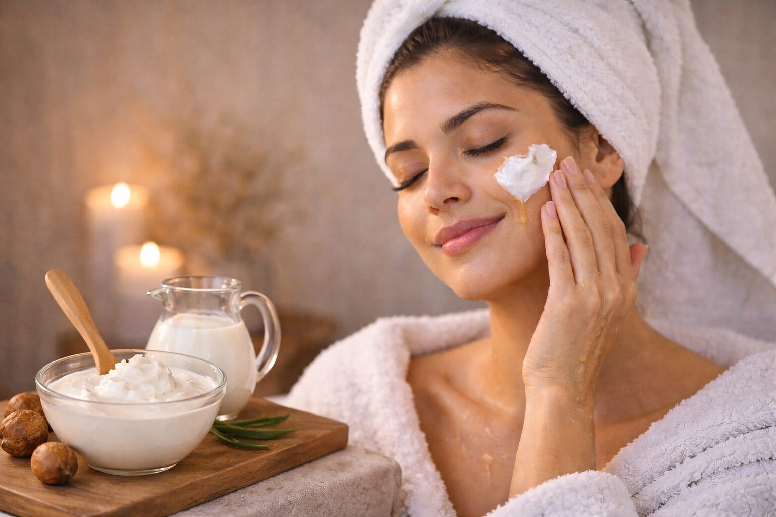Winter Skin Care Tips – Applying fresh milk cream on winter-dry face for natural hydration