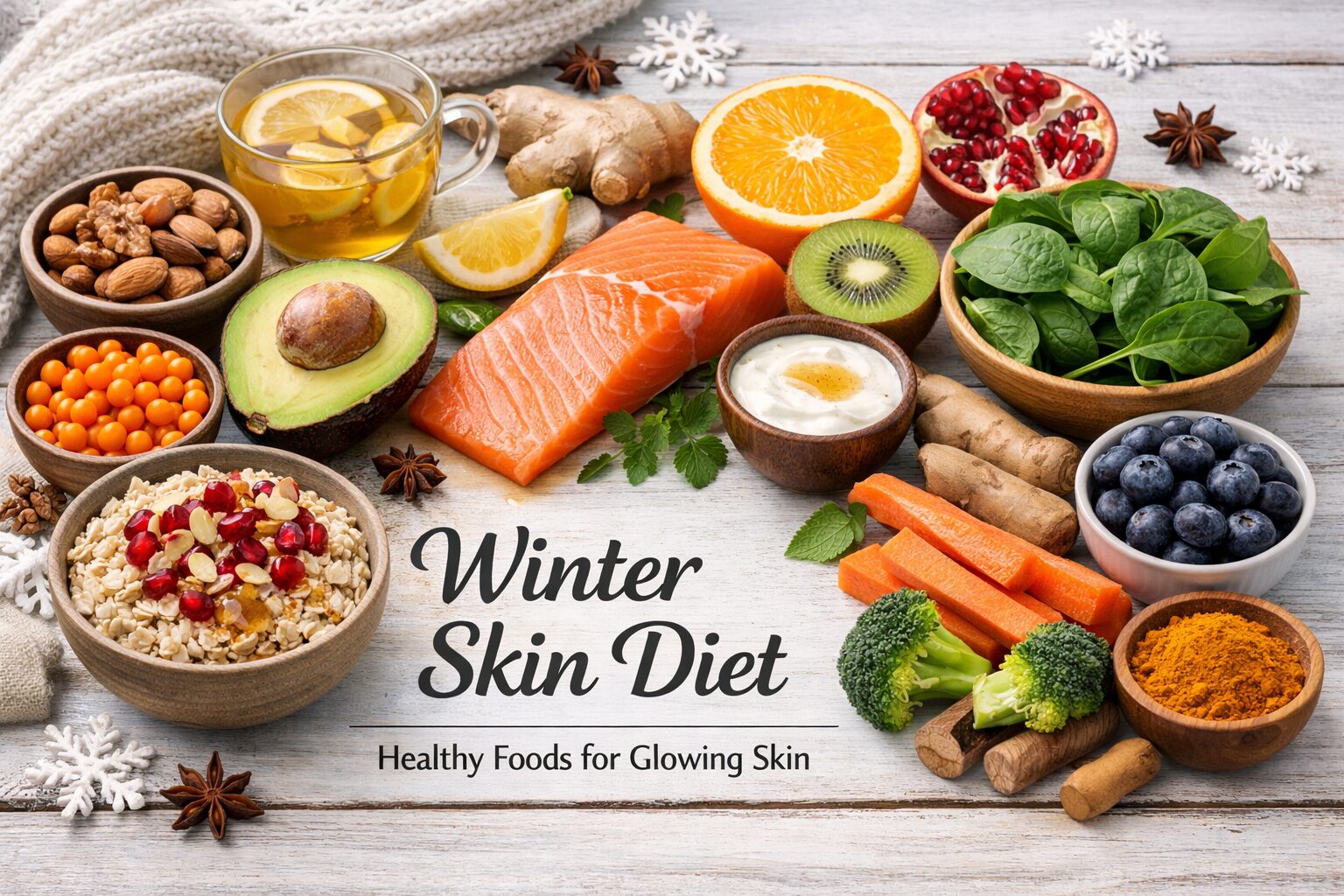 Healthy winter skin diet foods including fruits, nuts, yogurt, salmon and vegetables supporting glowing skin