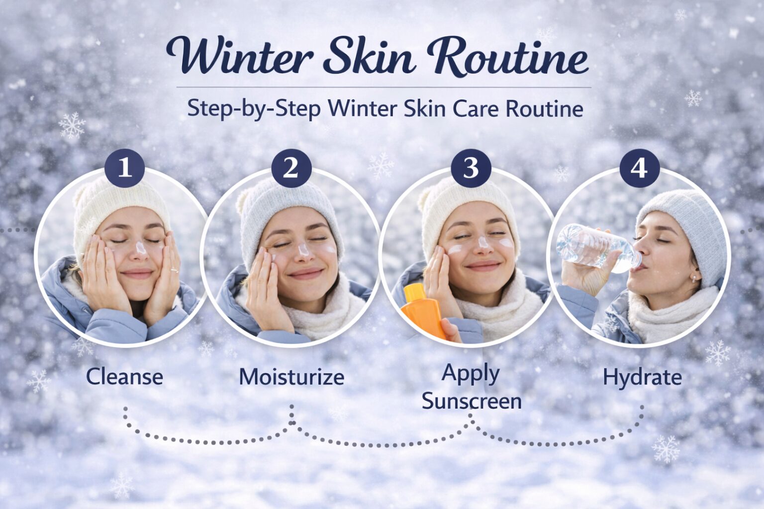 Step-by-step winter skin care routine showing cleansing, moisturizing and sun protection