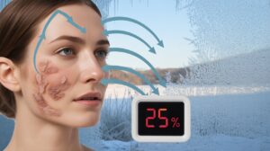 “Low humidity effects on skin in winter showing dry, flaky, and cracked areas”