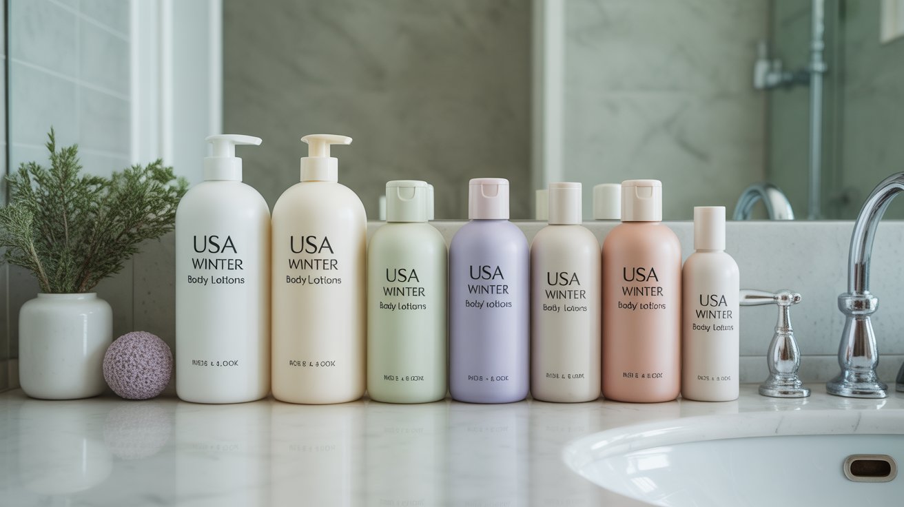  hydrating body lotions on bathroom counter