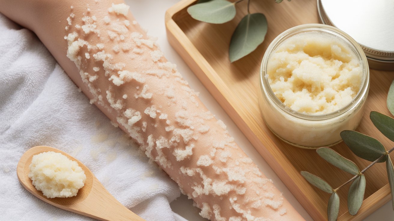 Gentle body exfoliator for USA winter body care routine with mild scrub and soft winter skincare setup.